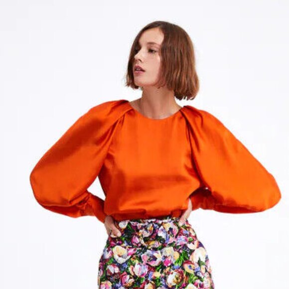 ZARA WOMAN ORANGE SATIN VOLUMINOUS SLEEVE BLOUSE SIZE Small - Picture 3 of 11